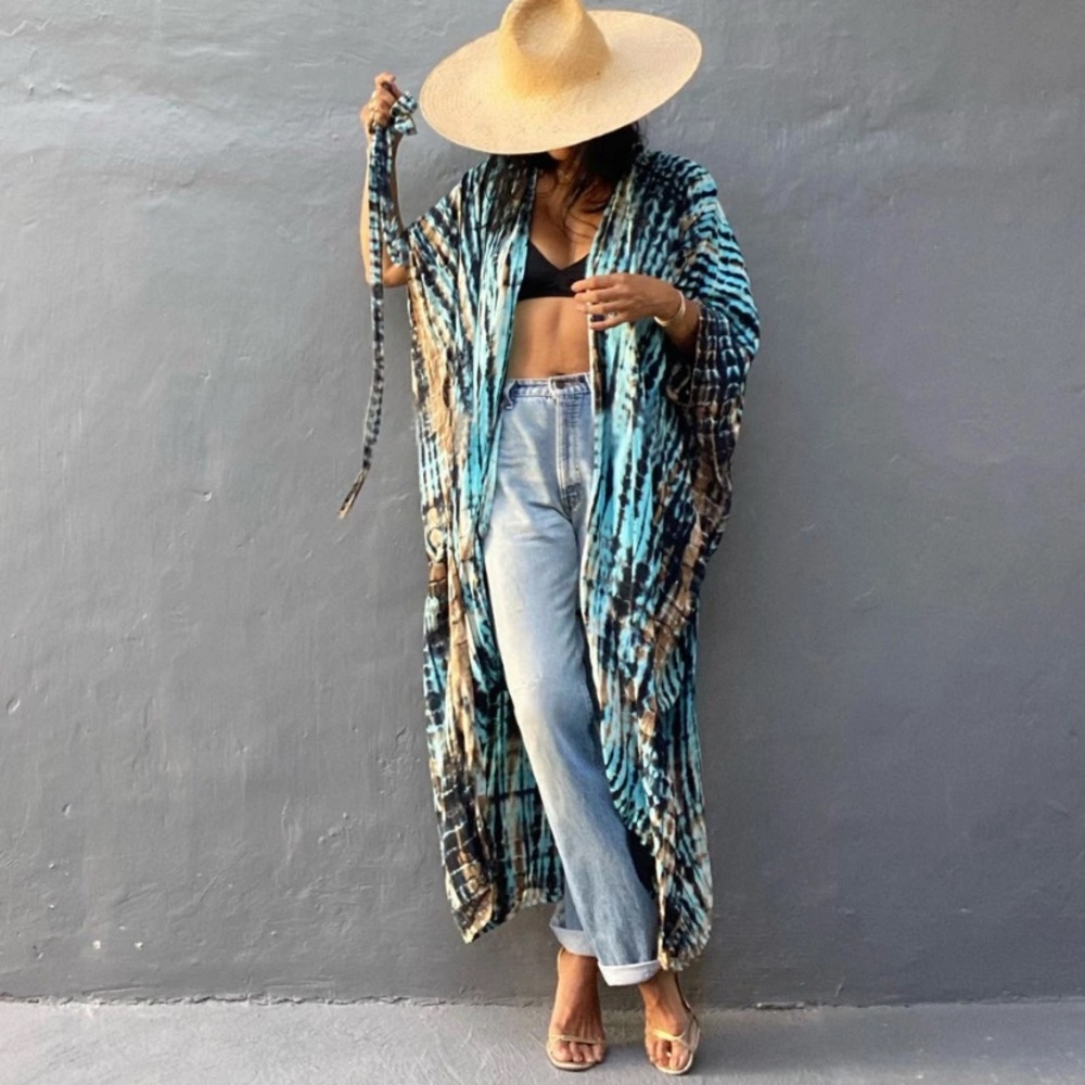 Tie Dye Boho Swim Coverup Kimono Wrap Casual Robe - Picture 1 of 10